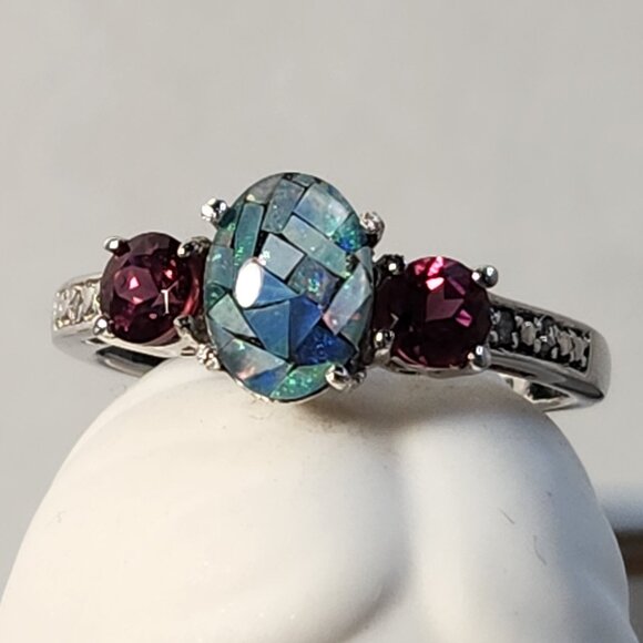 Estate Jewelry - NIB VTG 925 Mosaic Patchwork Opal & Pink Tourmaline Ring Size 7